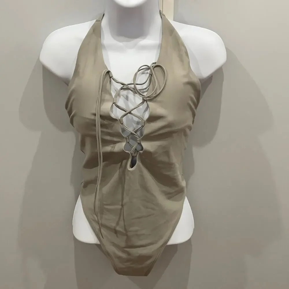 AERIE Gray Strappy One Piece Halter Swimwear NWOT
